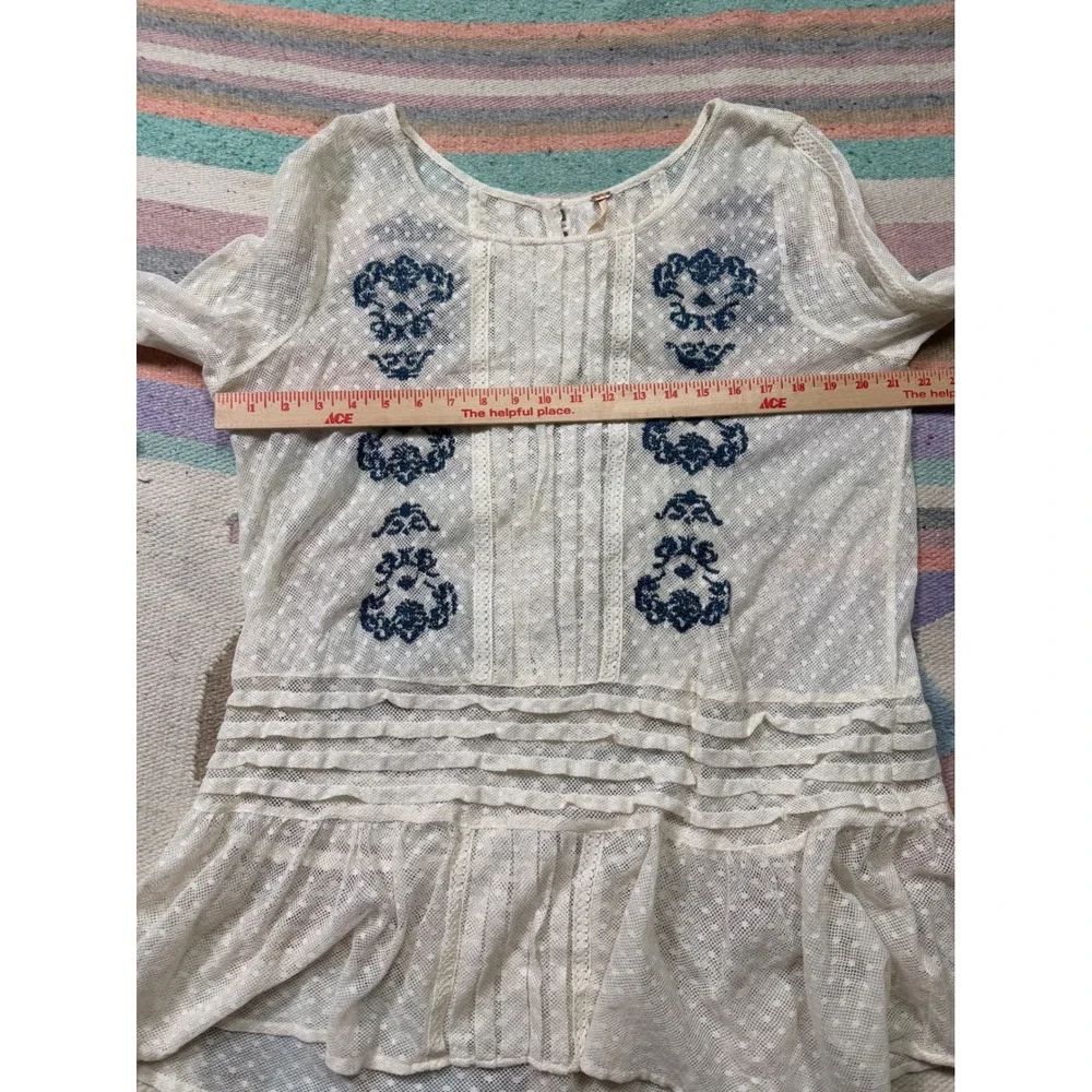 Free People Sheer Lace Embroidered Tunic Cream Blue Boho Bell Sleeve Mini Dress